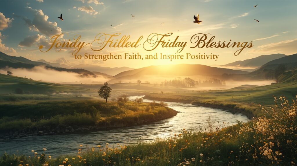 Faith-inspired Friday blessings design featuring gentle sunlight, flowers, and devotional text.