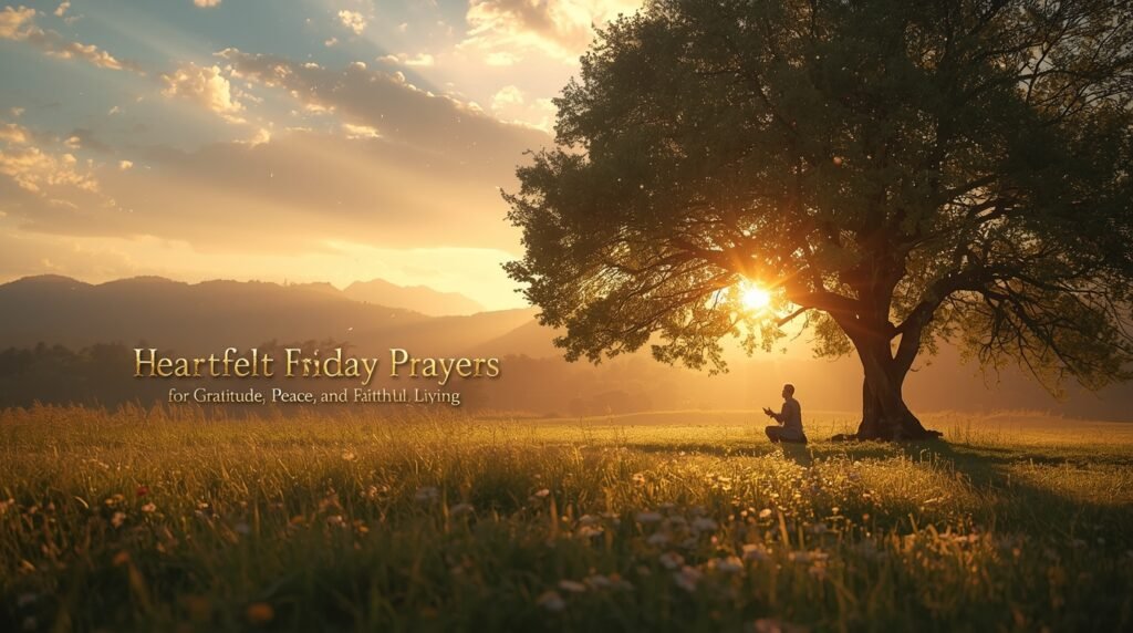 Beautiful spiritual Friday blessings visual with nature background and positive Christian message.