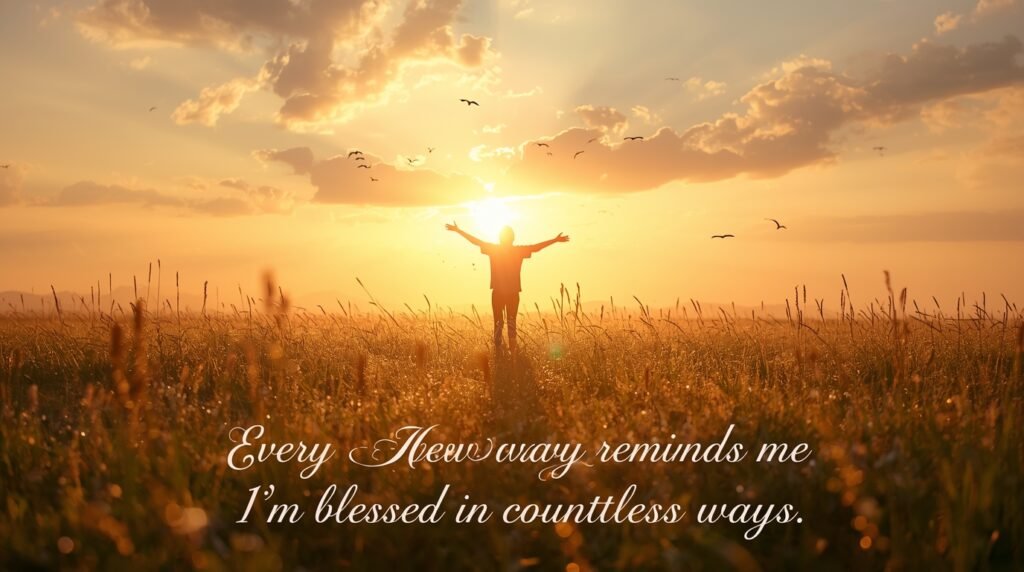 Inspirational blessed beyond measure quote visual with calm nature background and spiritual warmth.