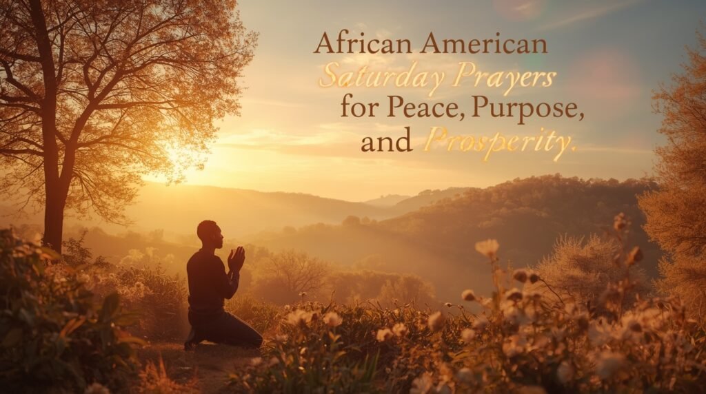 Uplifting African American Saturday blessings image with serene background and devotional inspiration.