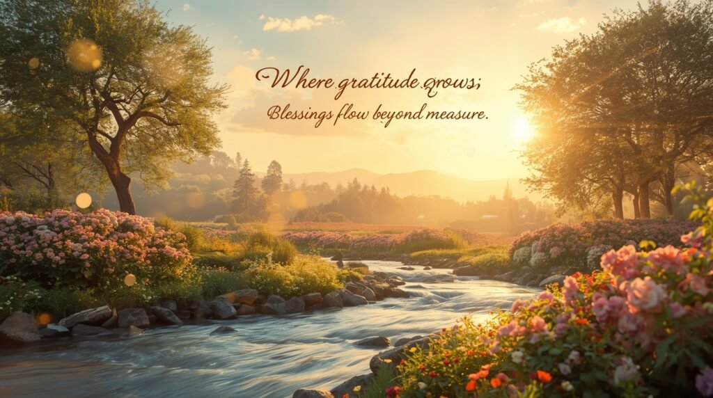 Spiritual blessed beyond measure graphic with soft light, prayerful mood, and positive message.