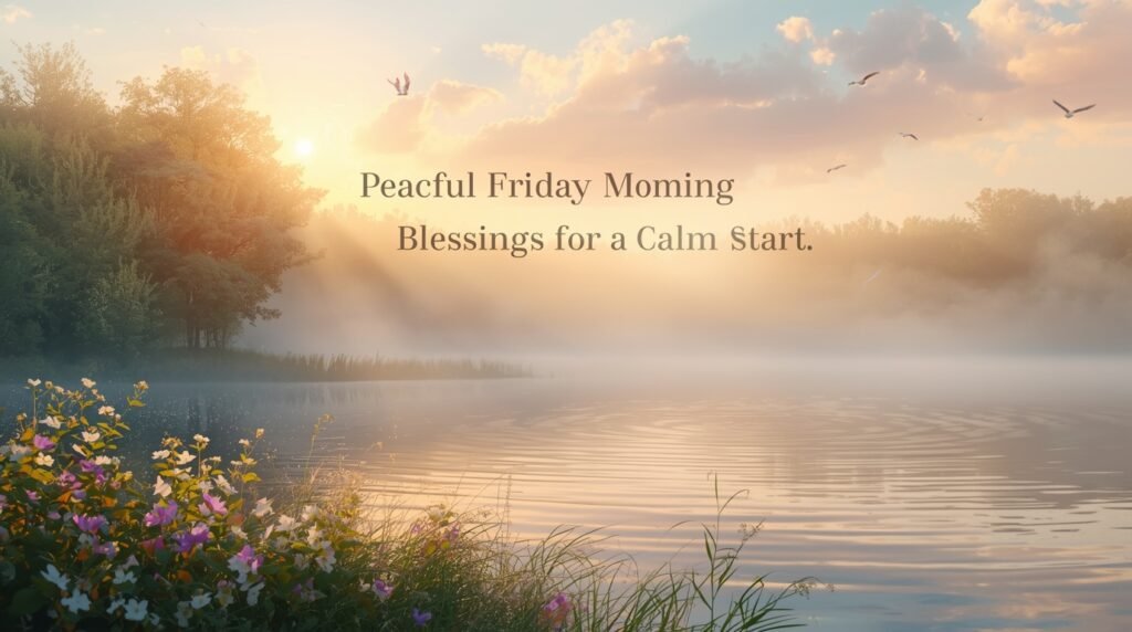 Blessed Friday wishes with positive message and serene morning scenery