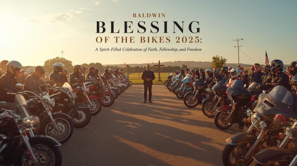 Baldwin Blessing of the Bikes 2025 with riders gathered, motorcycles lined up, and a community prayer ceremony for safe travels.