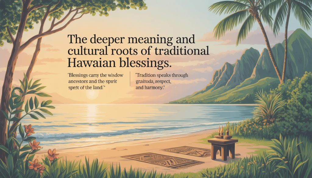 Beautiful Hawaiian blessings image with tropical flowers, ocean view, and spiritual message.