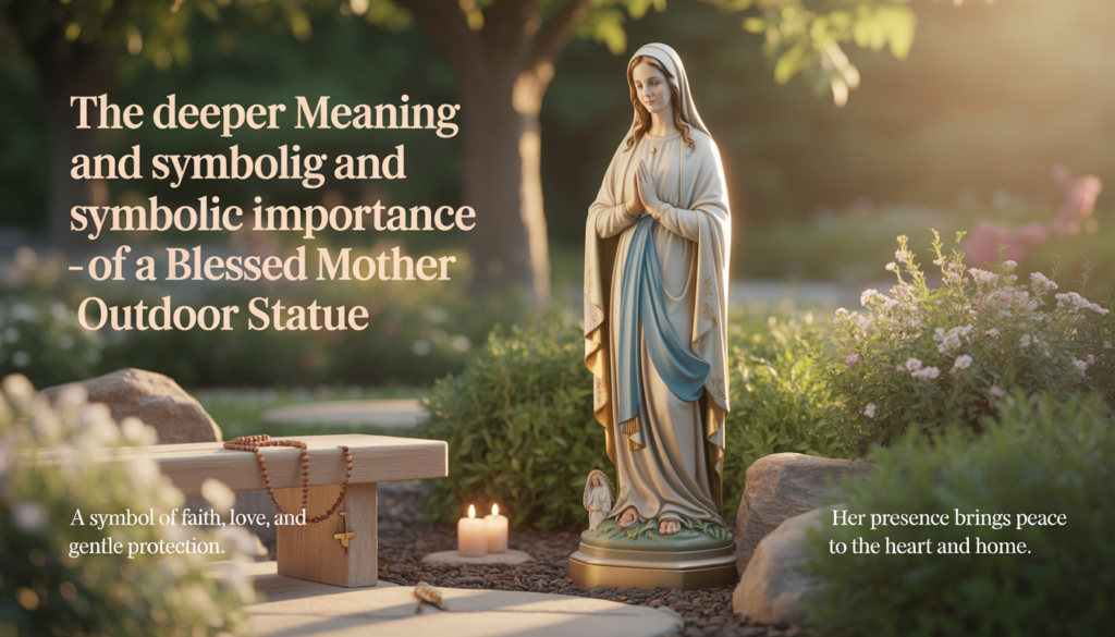 Outdoor statue of the Blessed Mother in serene garden setting with flowers and sunlight.