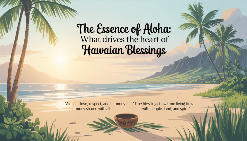 Peaceful scene of Hawaiian beach with blessings text promoting gratitude and serenity.