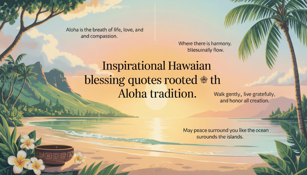 Faith and gratitude-inspired Hawaiian blessings graphic with palm trees and sunrise.