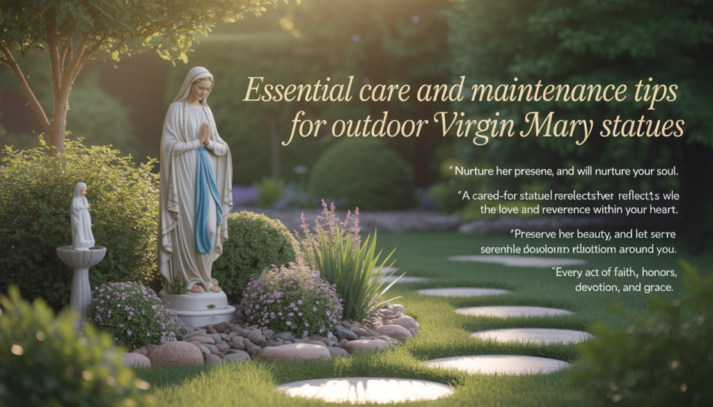 Faith-based outdoor statue of the Blessed Mother with prayerful and calming atmosphere.