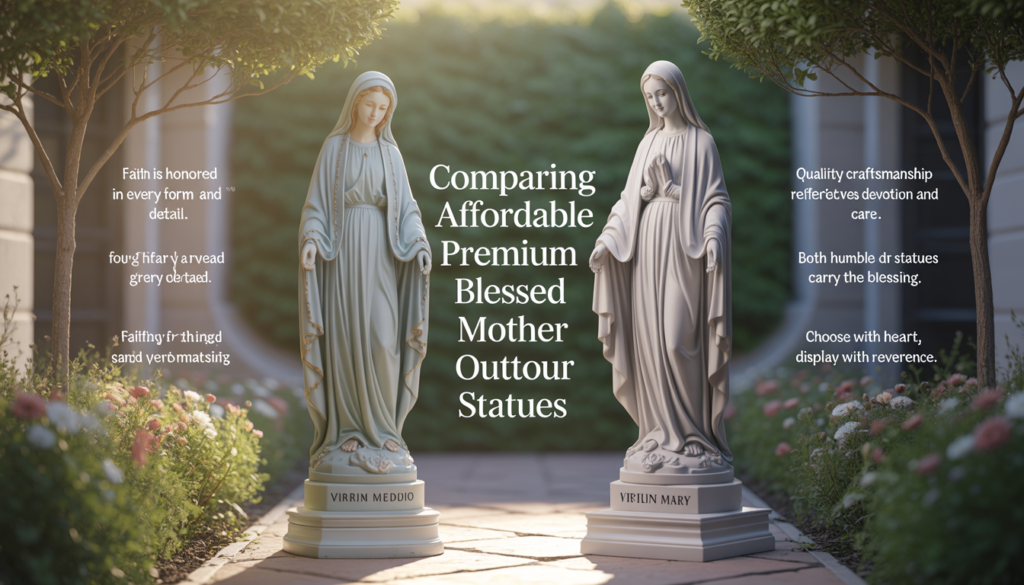 Religious outdoor sculpture of the Blessed Mother symbolizing love, faith, and grace.