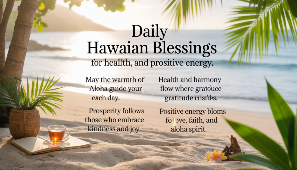 Tranquil Hawaiian blessing illustration with island nature and heartfelt message of aloha.