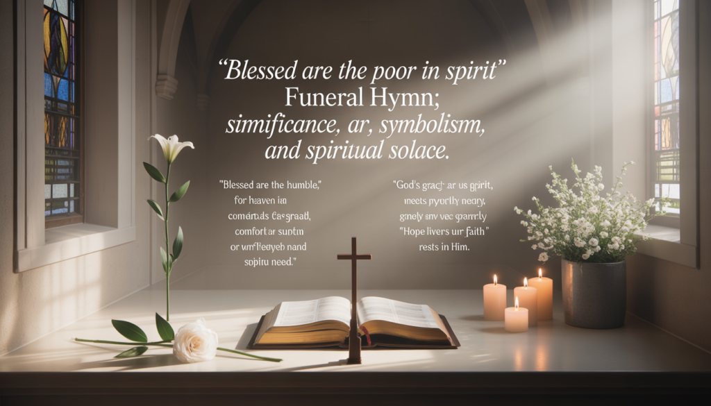 Biblical illustration of ‘Blessed Are the Poor’ with serene landscape and uplifting message.