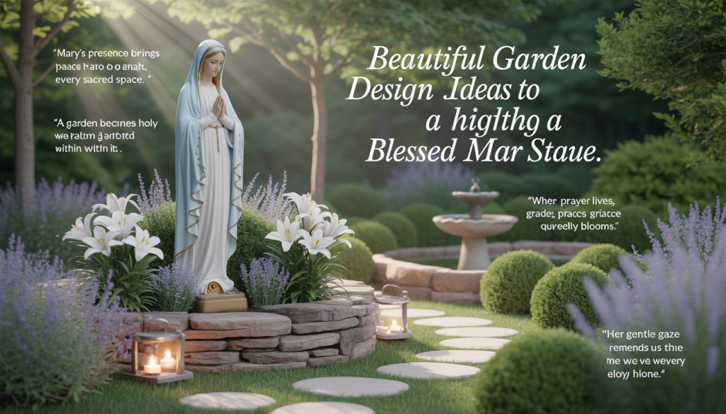 Beautiful Blessed Mother statue surrounded by greenery and natural light for spiritual inspiration.