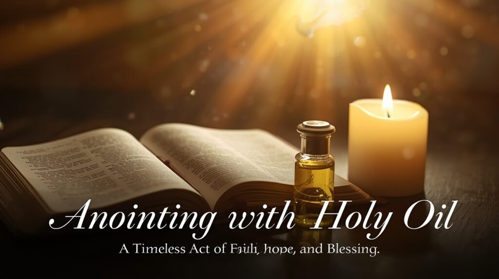 Spiritual blessing oil prayer image representing God’s healing power and devotion.