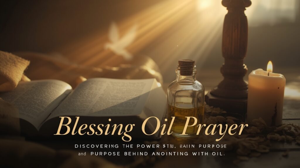 Blessing oil prayer image showing anointing oil, open Bible, and hands in prayer.