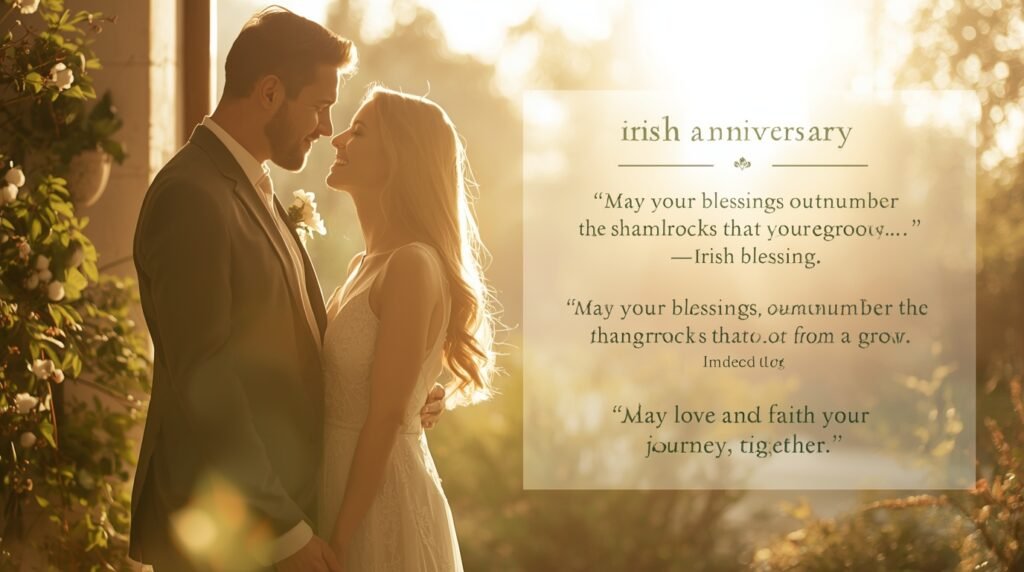 Irish anniversary blessing image with Celtic symbols, warm tones, and heartfelt message of love.