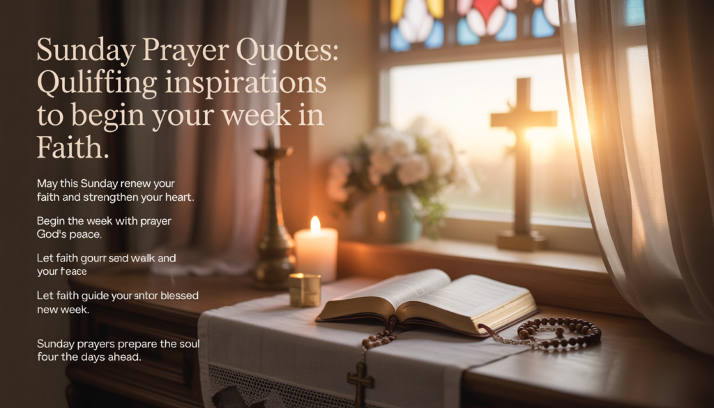 Inspirational Sunday prayer quotes image with serene morning sunlight and open Bible.