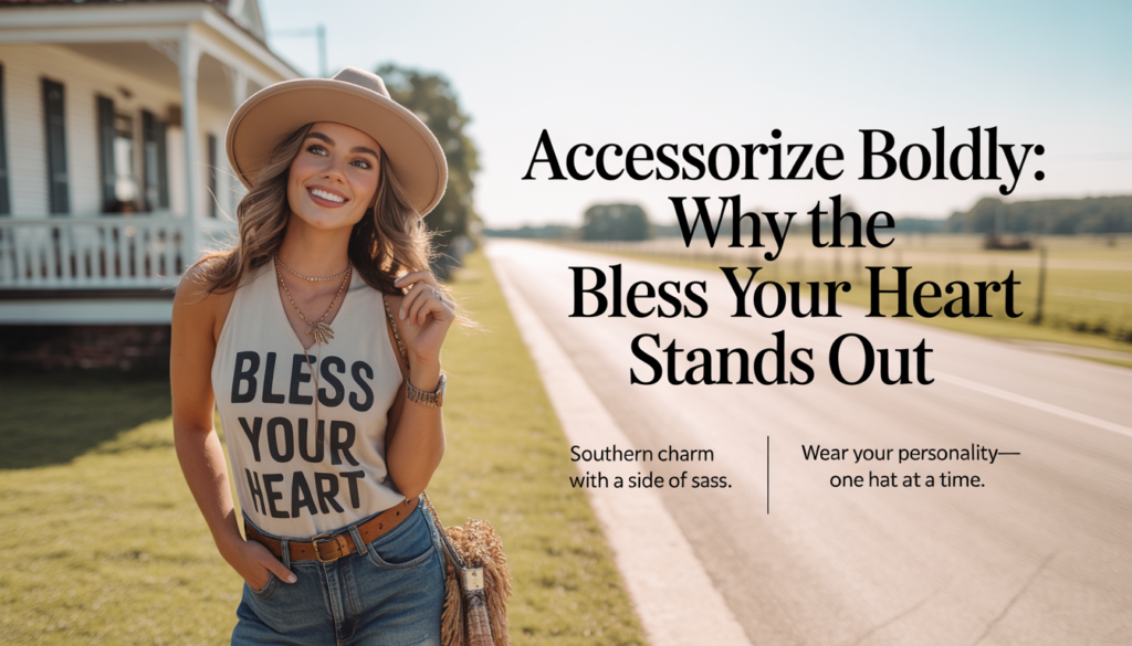 Trendy Bless Your Heart hat worn outdoors, combining relaxed style and witty message.