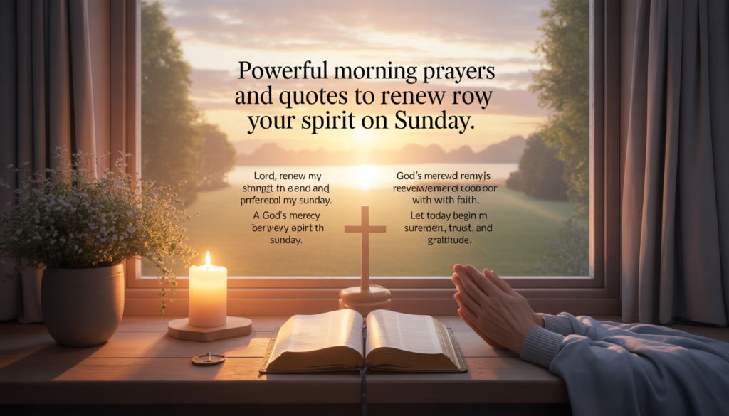 Peaceful Sunday prayer visual featuring hands folded in prayer and scripture verses.
