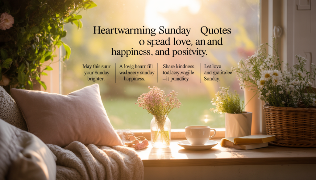 Inspirational Sunday quotes and blessings image with serene morning sunlight and peaceful atmosphere.