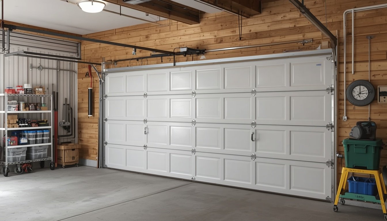 Technician performing garage door maintenance by inspecting and lubricating residential garage door components.